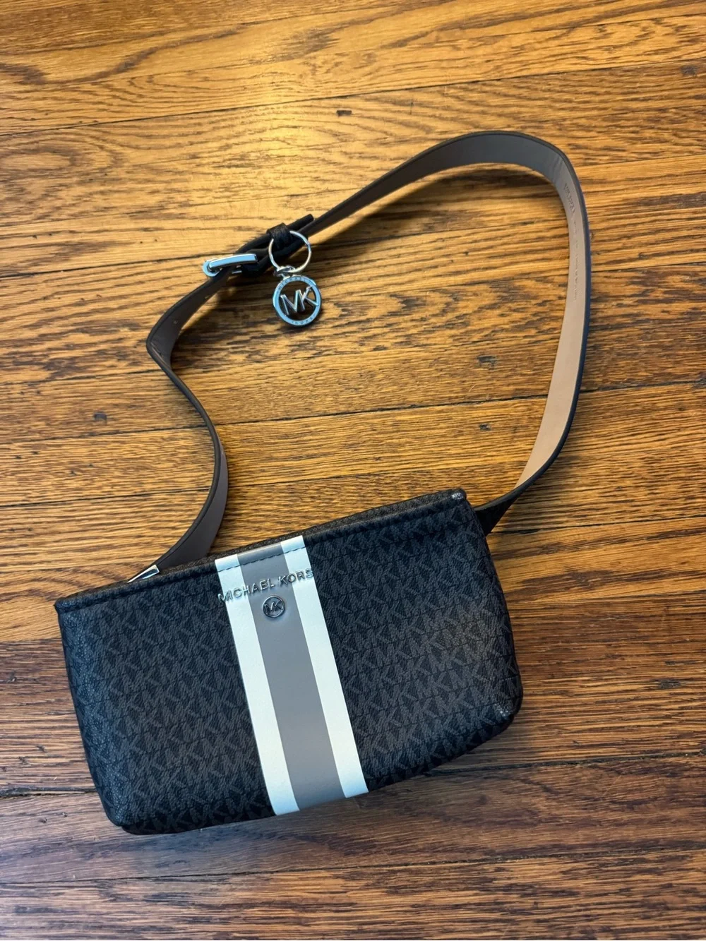 Michael Kors Black Crossbody Belt Bag with Gray and White Racing Stripe